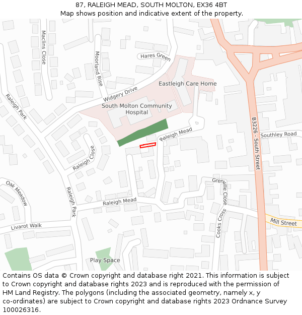 87, RALEIGH MEAD, SOUTH MOLTON, EX36 4BT: Location map and indicative extent of plot