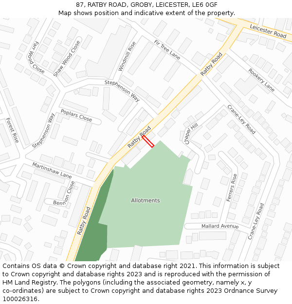 87, RATBY ROAD, GROBY, LEICESTER, LE6 0GF: Location map and indicative extent of plot