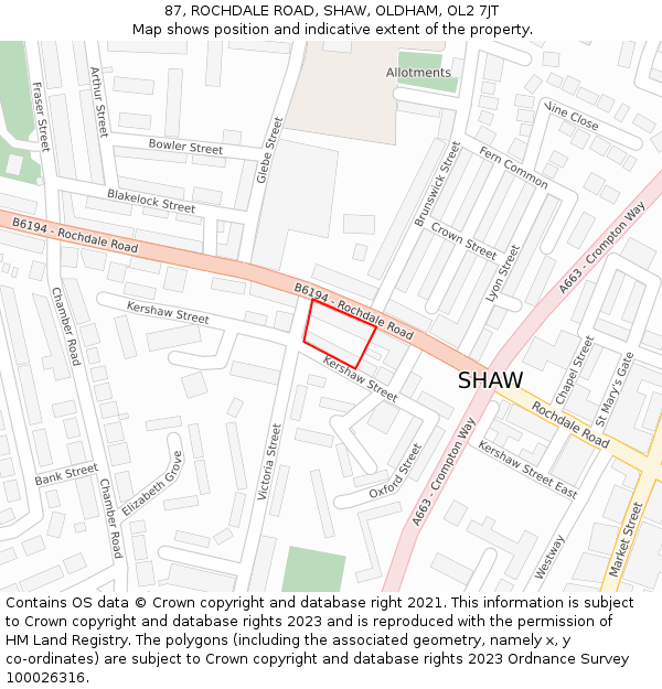 87, ROCHDALE ROAD, SHAW, OLDHAM, OL2 7JT: Location map and indicative extent of plot