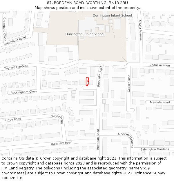 87, ROEDEAN ROAD, WORTHING, BN13 2BU: Location map and indicative extent of plot