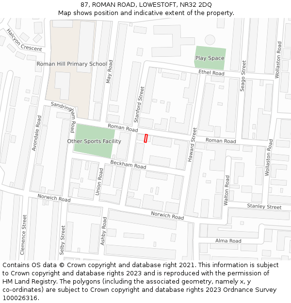 87, ROMAN ROAD, LOWESTOFT, NR32 2DQ: Location map and indicative extent of plot