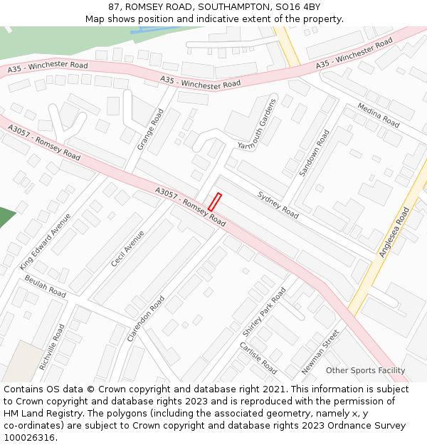 87, ROMSEY ROAD, SOUTHAMPTON, SO16 4BY: Location map and indicative extent of plot