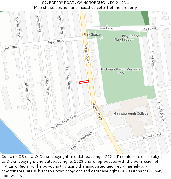 87, ROPERY ROAD, GAINSBOROUGH, DN21 2NU: Location map and indicative extent of plot