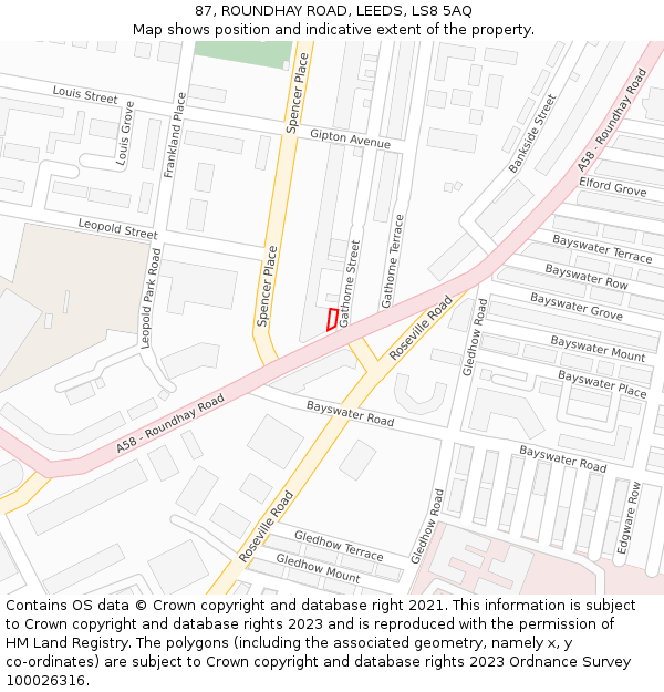 87, ROUNDHAY ROAD, LEEDS, LS8 5AQ: Location map and indicative extent of plot