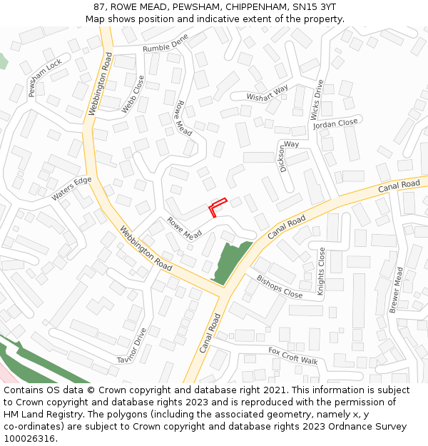 87, ROWE MEAD, PEWSHAM, CHIPPENHAM, SN15 3YT: Location map and indicative extent of plot