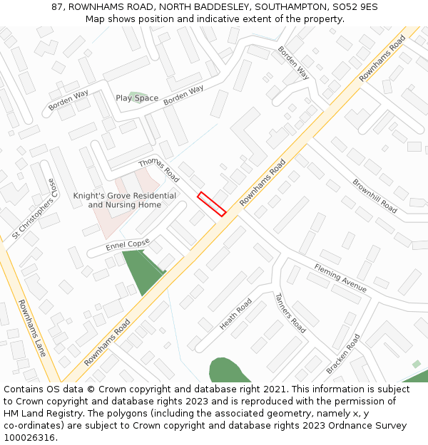 87, ROWNHAMS ROAD, NORTH BADDESLEY, SOUTHAMPTON, SO52 9ES: Location map and indicative extent of plot