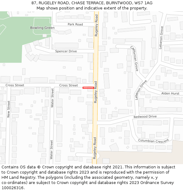 87, RUGELEY ROAD, CHASE TERRACE, BURNTWOOD, WS7 1AG: Location map and indicative extent of plot