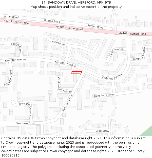 87, SANDOWN DRIVE, HEREFORD, HR4 9TB: Location map and indicative extent of plot