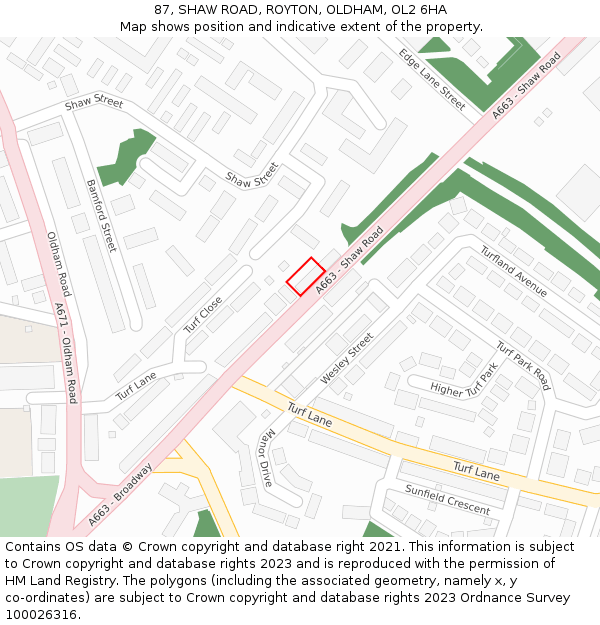 87, SHAW ROAD, ROYTON, OLDHAM, OL2 6HA: Location map and indicative extent of plot