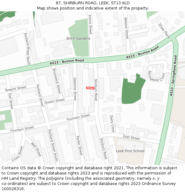 87, SHIRBURN ROAD, LEEK, ST13 6LD: Location map and indicative extent of plot