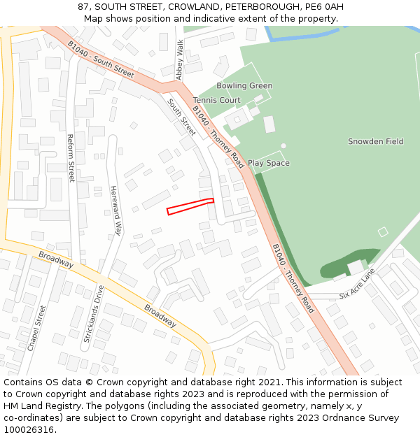 87, SOUTH STREET, CROWLAND, PETERBOROUGH, PE6 0AH: Location map and indicative extent of plot