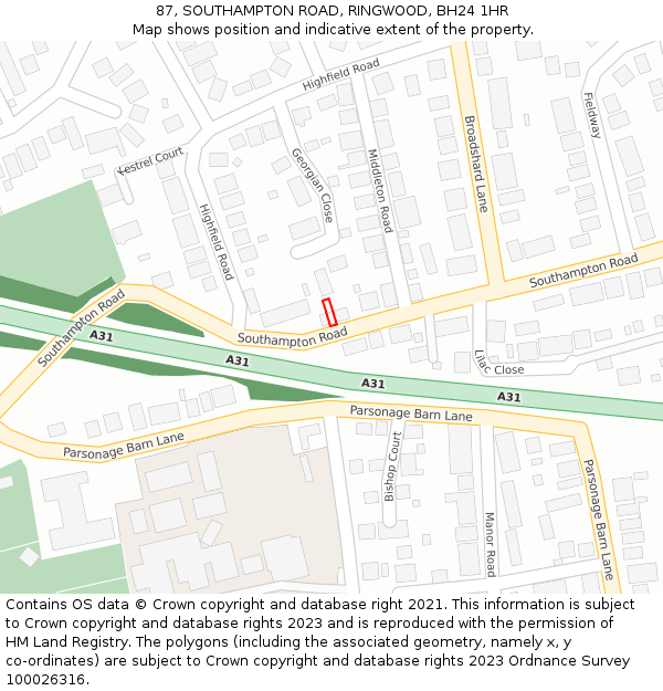 87, SOUTHAMPTON ROAD, RINGWOOD, BH24 1HR: Location map and indicative extent of plot