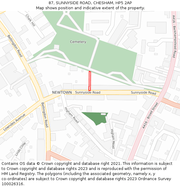 87, SUNNYSIDE ROAD, CHESHAM, HP5 2AP: Location map and indicative extent of plot