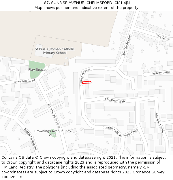 87, SUNRISE AVENUE, CHELMSFORD, CM1 4JN: Location map and indicative extent of plot