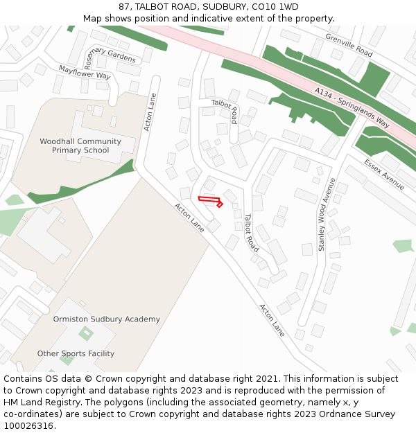 87, TALBOT ROAD, SUDBURY, CO10 1WD: Location map and indicative extent of plot