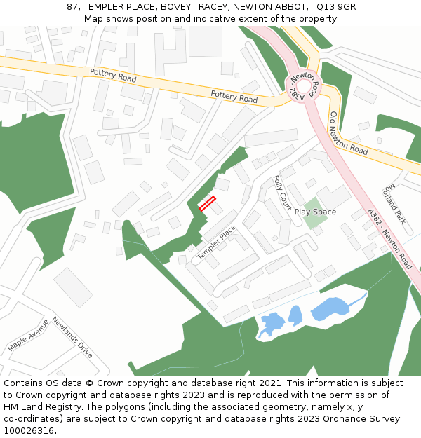 87, TEMPLER PLACE, BOVEY TRACEY, NEWTON ABBOT, TQ13 9GR: Location map and indicative extent of plot