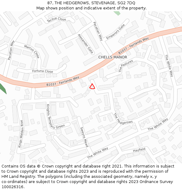 87, THE HEDGEROWS, STEVENAGE, SG2 7DQ: Location map and indicative extent of plot