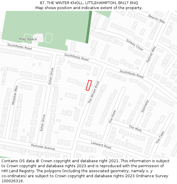 87, THE WINTER KNOLL, LITTLEHAMPTON, BN17 6NQ: Location map and indicative extent of plot
