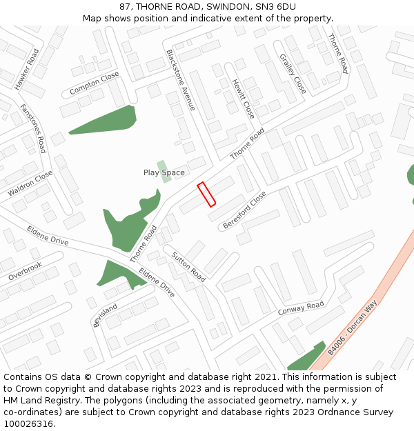 87, THORNE ROAD, SWINDON, SN3 6DU: Location map and indicative extent of plot