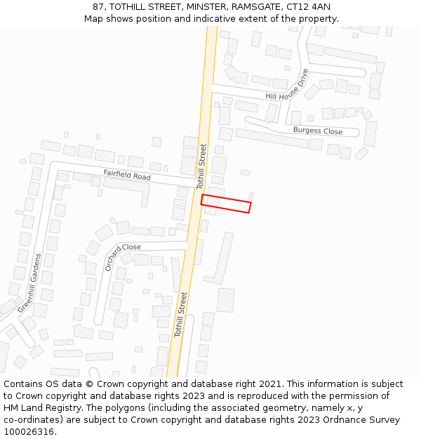 87, TOTHILL STREET, MINSTER, RAMSGATE, CT12 4AN: Location map and indicative extent of plot