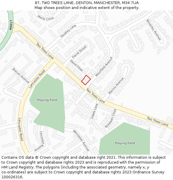 87, TWO TREES LANE, DENTON, MANCHESTER, M34 7UA: Location map and indicative extent of plot