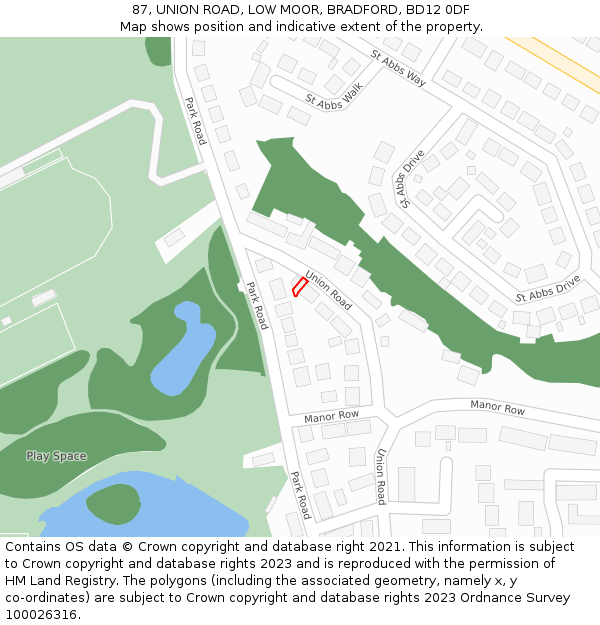 87, UNION ROAD, LOW MOOR, BRADFORD, BD12 0DF: Location map and indicative extent of plot