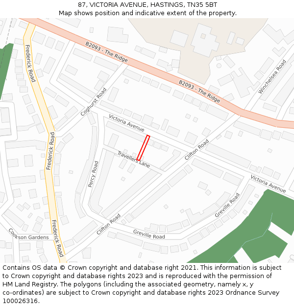 87, VICTORIA AVENUE, HASTINGS, TN35 5BT: Location map and indicative extent of plot