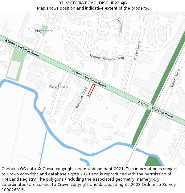 87, VICTORIA ROAD, DISS, IP22 4JG: Location map and indicative extent of plot