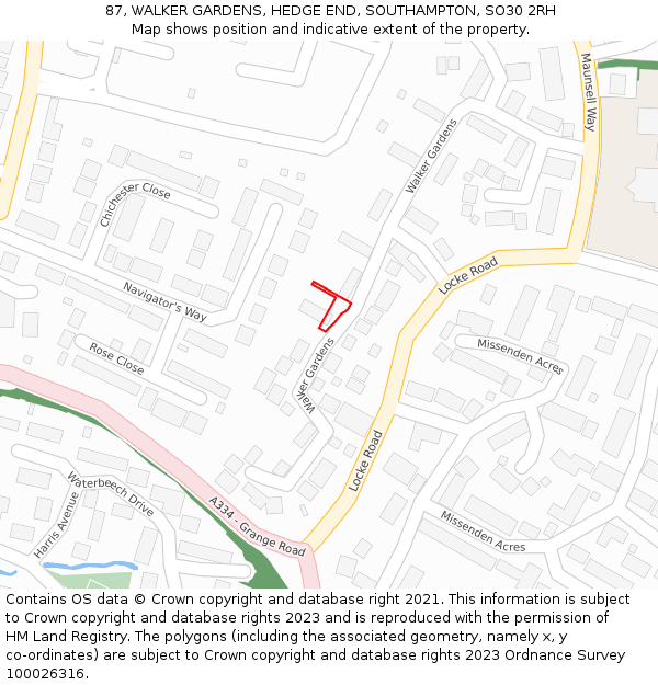 87, WALKER GARDENS, HEDGE END, SOUTHAMPTON, SO30 2RH: Location map and indicative extent of plot
