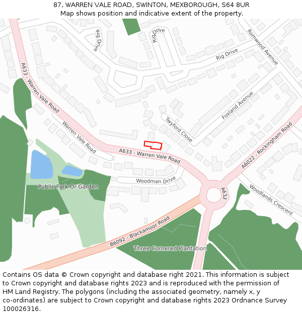 87, WARREN VALE ROAD, SWINTON, MEXBOROUGH, S64 8UR: Location map and indicative extent of plot