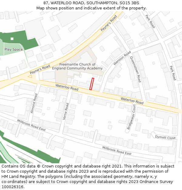 87, WATERLOO ROAD, SOUTHAMPTON, SO15 3BS: Location map and indicative extent of plot