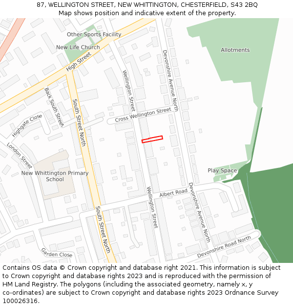 87, WELLINGTON STREET, NEW WHITTINGTON, CHESTERFIELD, S43 2BQ: Location map and indicative extent of plot