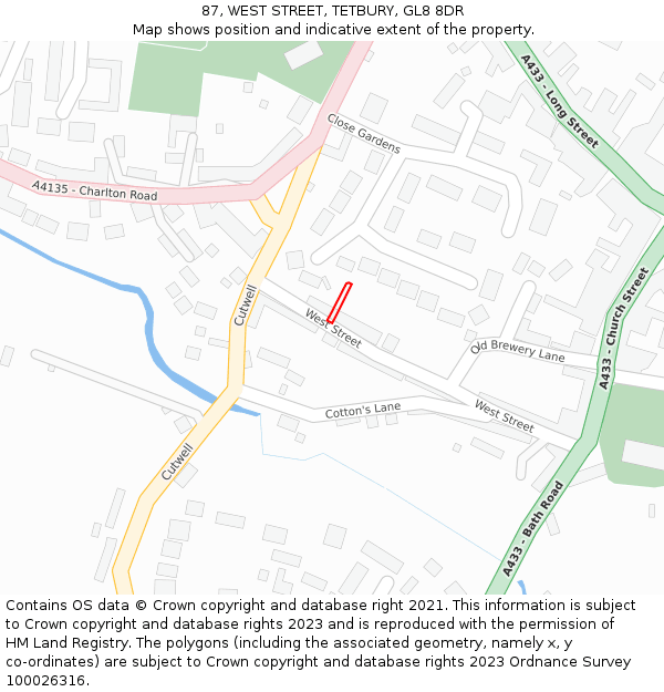 87, WEST STREET, TETBURY, GL8 8DR: Location map and indicative extent of plot