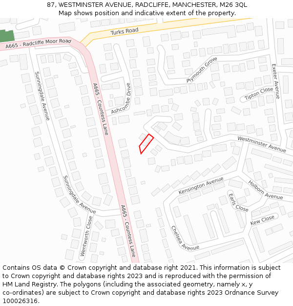 87, WESTMINSTER AVENUE, RADCLIFFE, MANCHESTER, M26 3QL: Location map and indicative extent of plot