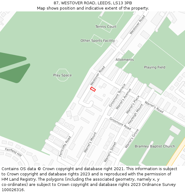 87, WESTOVER ROAD, LEEDS, LS13 3PB: Location map and indicative extent of plot