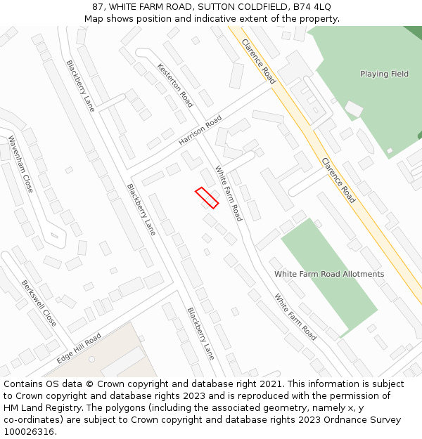 87, WHITE FARM ROAD, SUTTON COLDFIELD, B74 4LQ: Location map and indicative extent of plot
