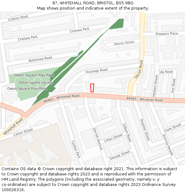 87, WHITEHALL ROAD, BRISTOL, BS5 9BG: Location map and indicative extent of plot