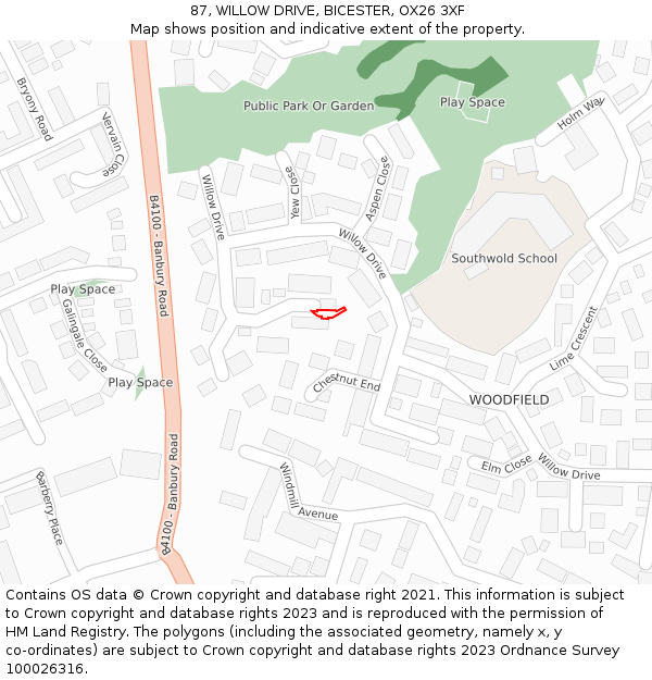 87, WILLOW DRIVE, BICESTER, OX26 3XF: Location map and indicative extent of plot