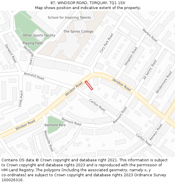 87, WINDSOR ROAD, TORQUAY, TQ1 1SX: Location map and indicative extent of plot