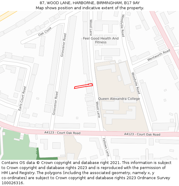 87, WOOD LANE, HARBORNE, BIRMINGHAM, B17 9AY: Location map and indicative extent of plot