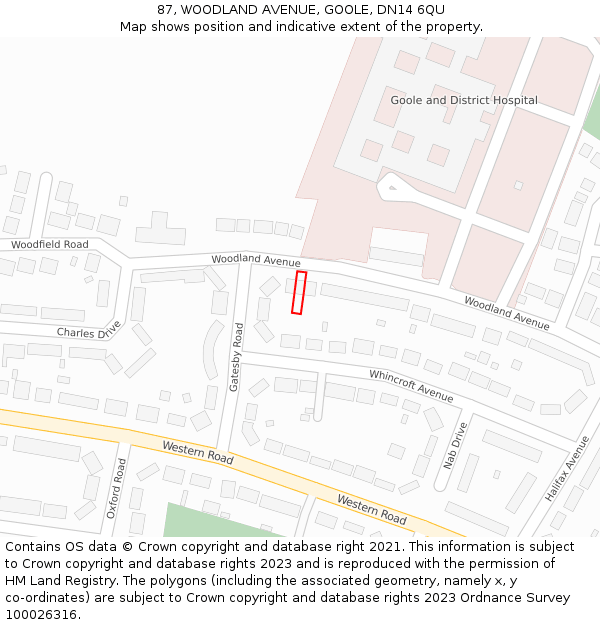 87, WOODLAND AVENUE, GOOLE, DN14 6QU: Location map and indicative extent of plot