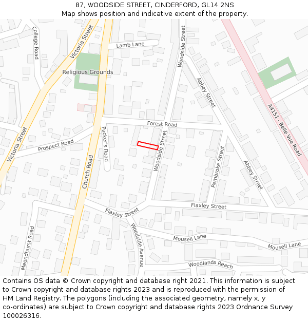 87, WOODSIDE STREET, CINDERFORD, GL14 2NS: Location map and indicative extent of plot