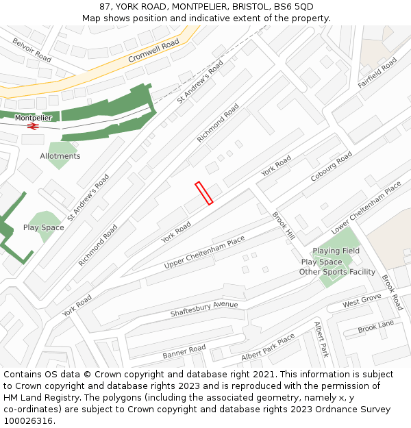 87, YORK ROAD, MONTPELIER, BRISTOL, BS6 5QD: Location map and indicative extent of plot