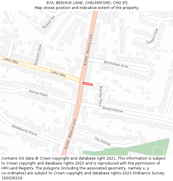 87A, BEEHIVE LANE, CHELMSFORD, CM2 9TJ: Location map and indicative extent of plot