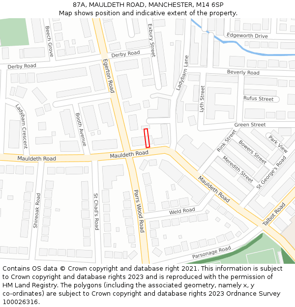 87A, MAULDETH ROAD, MANCHESTER, M14 6SP: Location map and indicative extent of plot