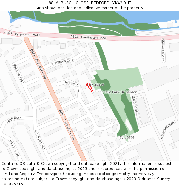 88, ALBURGH CLOSE, BEDFORD, MK42 0HF: Location map and indicative extent of plot