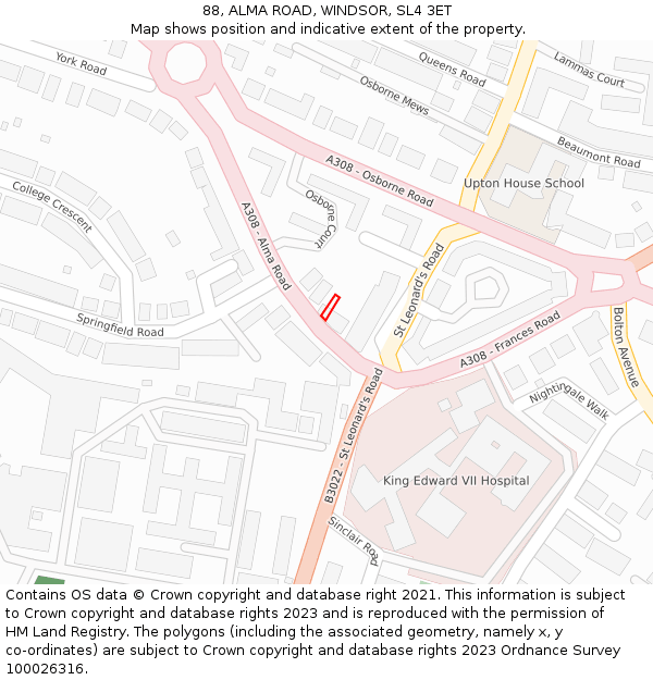 88, ALMA ROAD, WINDSOR, SL4 3ET: Location map and indicative extent of plot