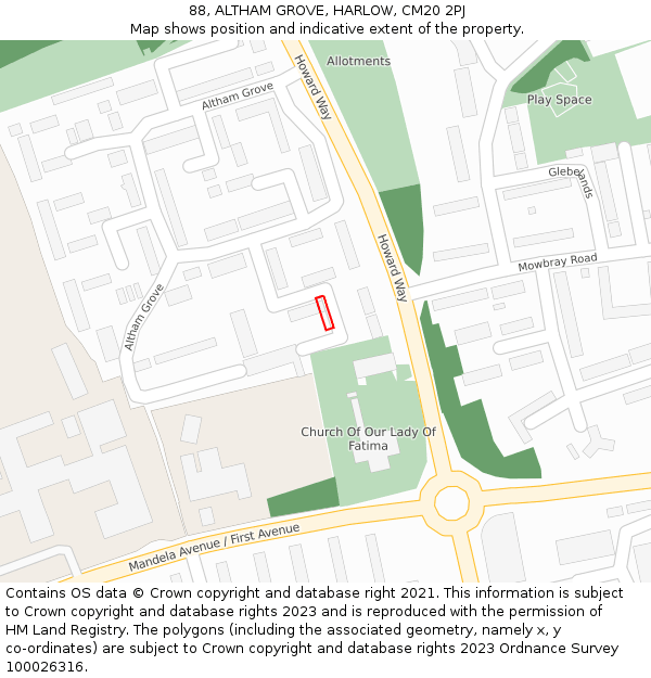 88, ALTHAM GROVE, HARLOW, CM20 2PJ: Location map and indicative extent of plot