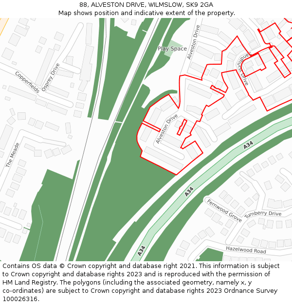 88, ALVESTON DRIVE, WILMSLOW, SK9 2GA: Location map and indicative extent of plot
