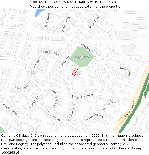 88, ANGELL DRIVE, MARKET HARBOROUGH, LE16 9GJ: Location map and indicative extent of plot